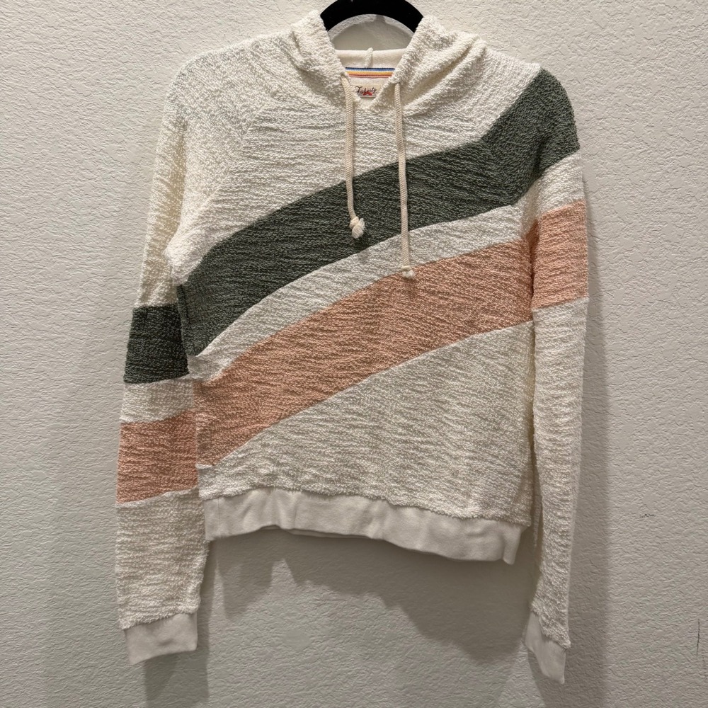 Faherty Brand Women Boucle Knit Striped Hoodie Cream Green Pink Small